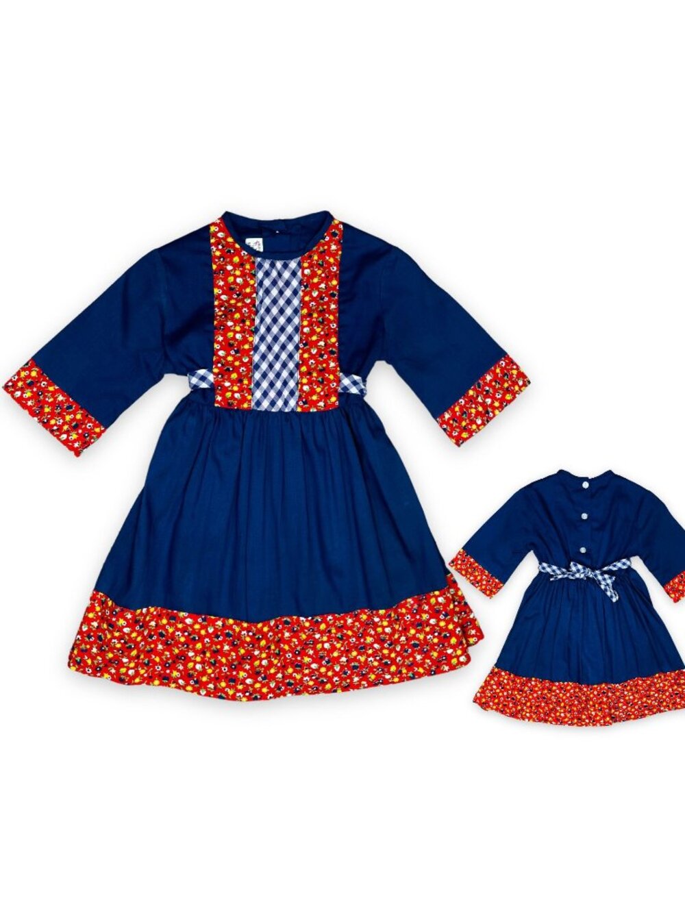 Vintage 70s Toddler Girls Navy Blue + Red Floral Boho Prairie Cottage Dress 2T